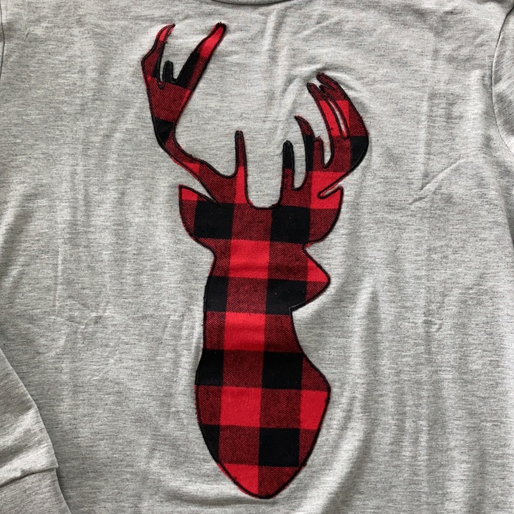 Grey French Terry Long Sleeve Plaid Reindeer Top - Picture 9 of 10